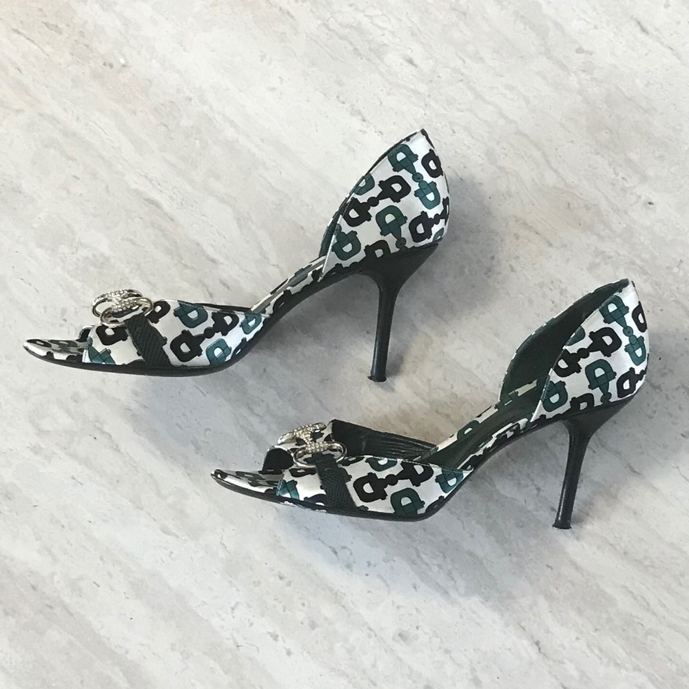 Gucci Satin Studded Horsebit Open Toe Heels Sz 10